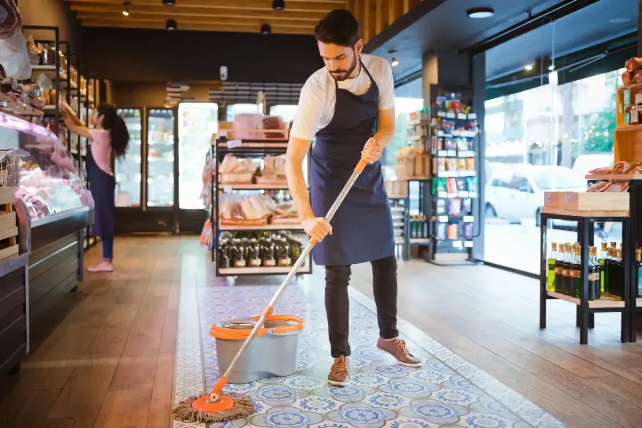 CQD cleaner mopping the floor of a retail showroom